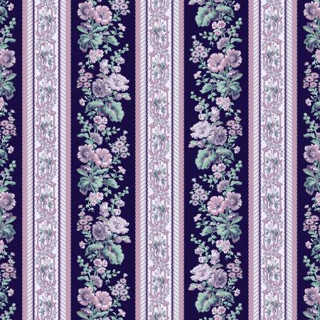 Purple Floral Yardage, Majesty Stripe Border by Wilmington Prints