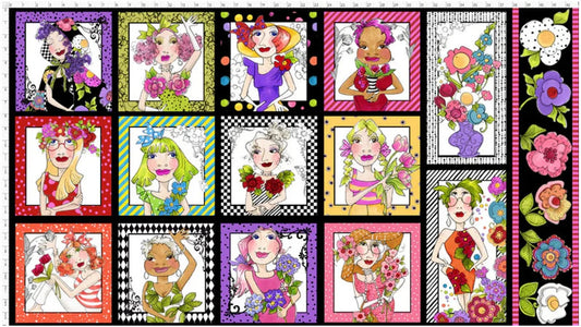 Women with Flowers Fabric, Flower Girl Fabric Panel by Loralie Designs