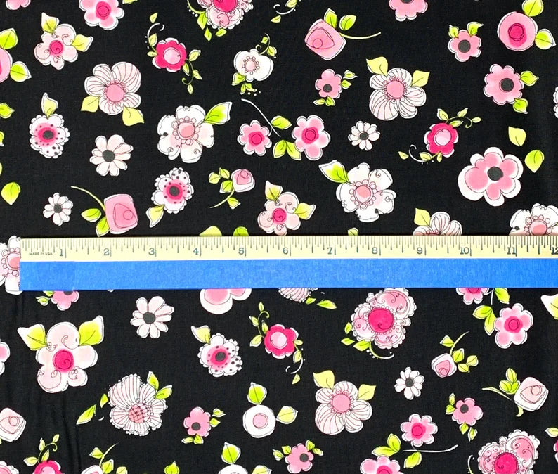 Pink Flowers on Black Background, Parlor Posey Floral Yardage by Loralie Designs