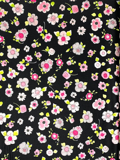 Pink Flowers on Black Background, Parlor Posey Floral Yardage by Loralie Designs