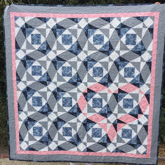 Storm at Sea Quilt, Wallhanging Couch Throw, Navy, Blue, White, Pink, 62"W x 62"L, Handmade