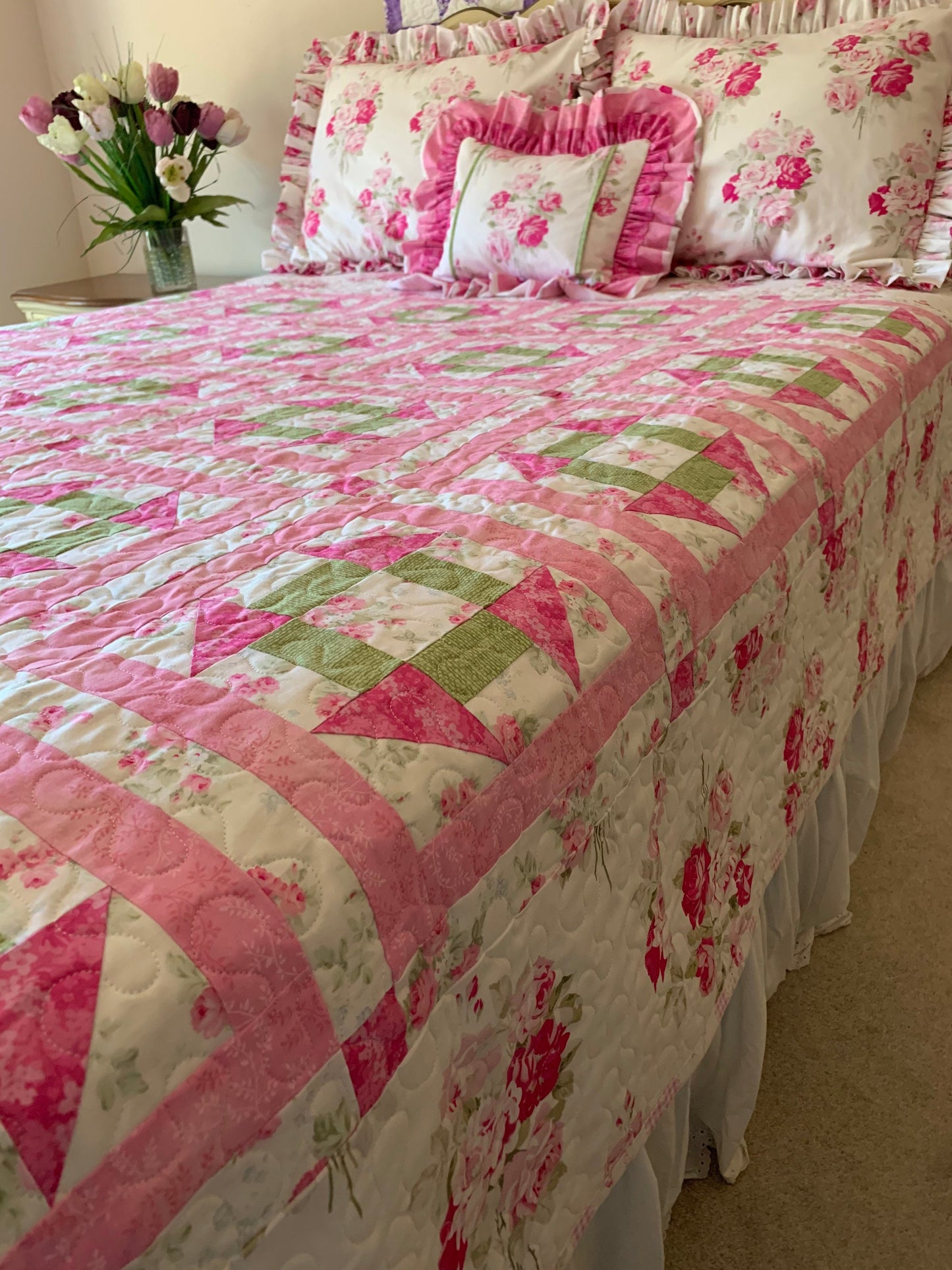 Queen Quilt, Shabby Chic, Rose, Pillow Sham Set, Pink, Handmade