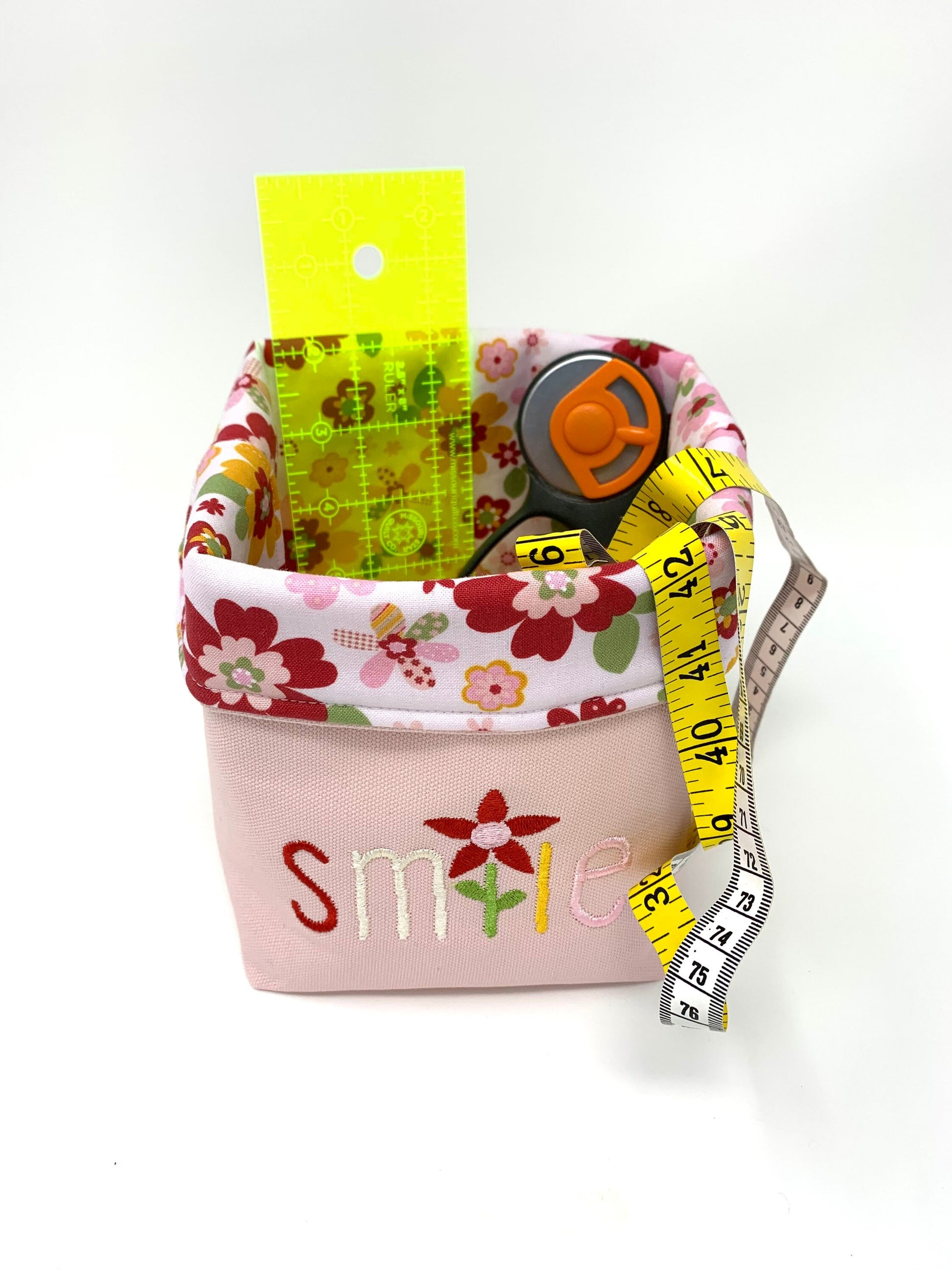 Fabric Bag, Basket, Reusable, Tissue Box Holder, Floral, Smile Basket, Red, Pink, Handmade