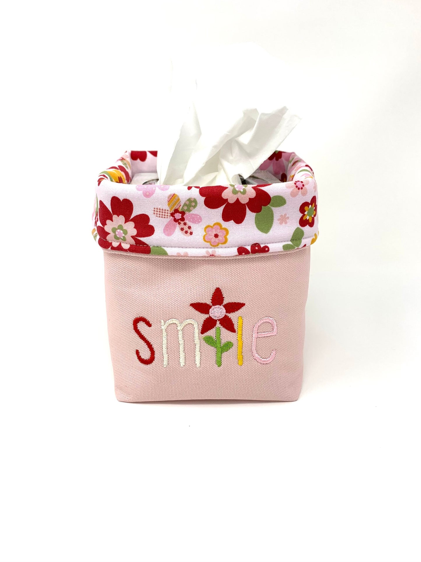 Fabric Bag, Basket, Reusable, Tissue Box Holder, Floral, Smile Basket, Red, Pink, Handmade