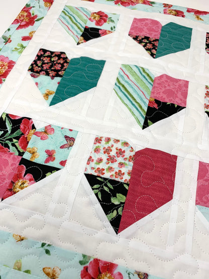 Hearts Table Runner, Table Topper, Wall Hanging Quilt, Pink, Teal, Handmade Table Runner Quilt