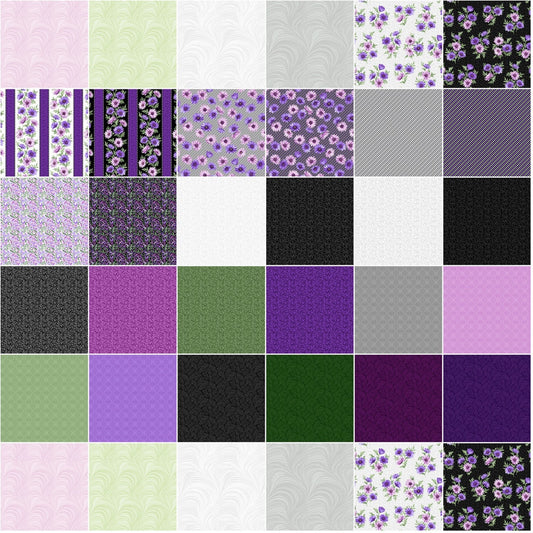 Floral Fabric Squares, Charm Pack, Miss Marguerite, Pink, Purple, Blue, Green, Benartex, 5 inch squares