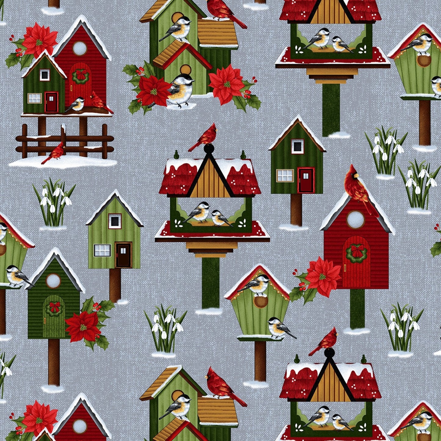 Bird House print, Christmas Fabric, Frozen in Time, grey, red, green, Henry Glass, Cotton Yardage