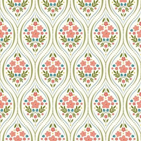 Pink Blue Floral Yardage, Primrose Hill, Damask Cream, Riley Blake, Cotton Fabric Yardage