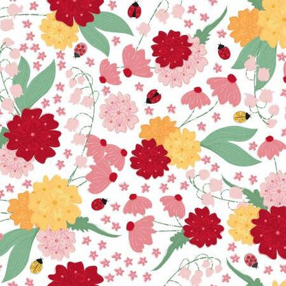 Floral fabric strips, 2.5 inches, Lady Bug Mania, Pink, Red, Yellow, 40 Strips Total, Quilt Fabric, Binding