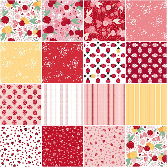 Floral Fabric Squares, Lady Bug Mania, Charm Pack, Pink, Red, Yellow, 5 inch Squares, 42 pieces, Clothworks