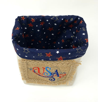 Patriotic Fabric Bag, Basket, Reusable, Tissue Box Holder, Red, White, Blue, Burlap, Handmade