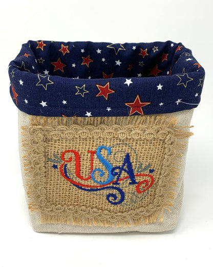 Patriotic Fabric Bag, Basket, Reusable, Tissue Box Holder, Red, White, Blue, Burlap, Handmade