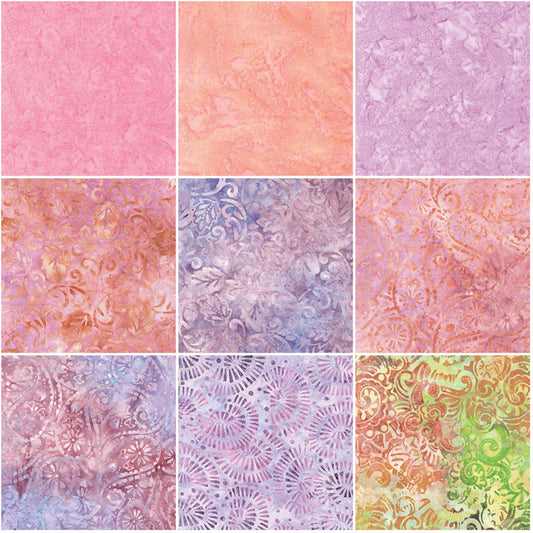 Pink, Lavender, Batik Fabric Squares, Charm Pack, Bali Palettes Sherbert Collection, Benartex, 5 inch squares