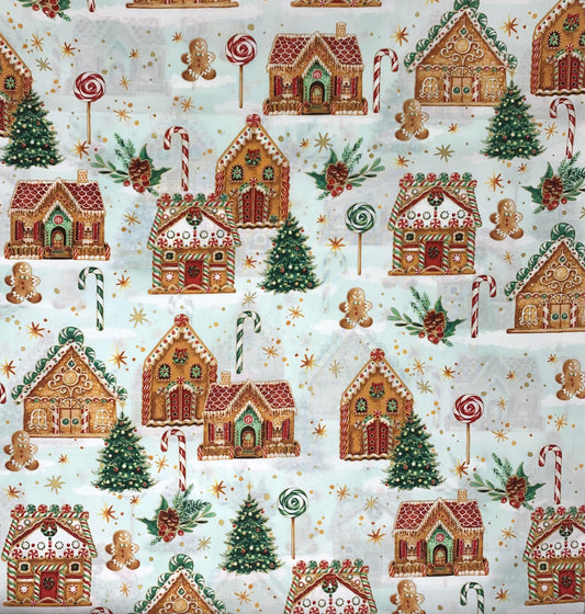 Christmas fabric, Gingerbread House Yardage, Trees, Holiday Sweets, Mint Green, Gold, Hoffman Fabric, Christmas yardage