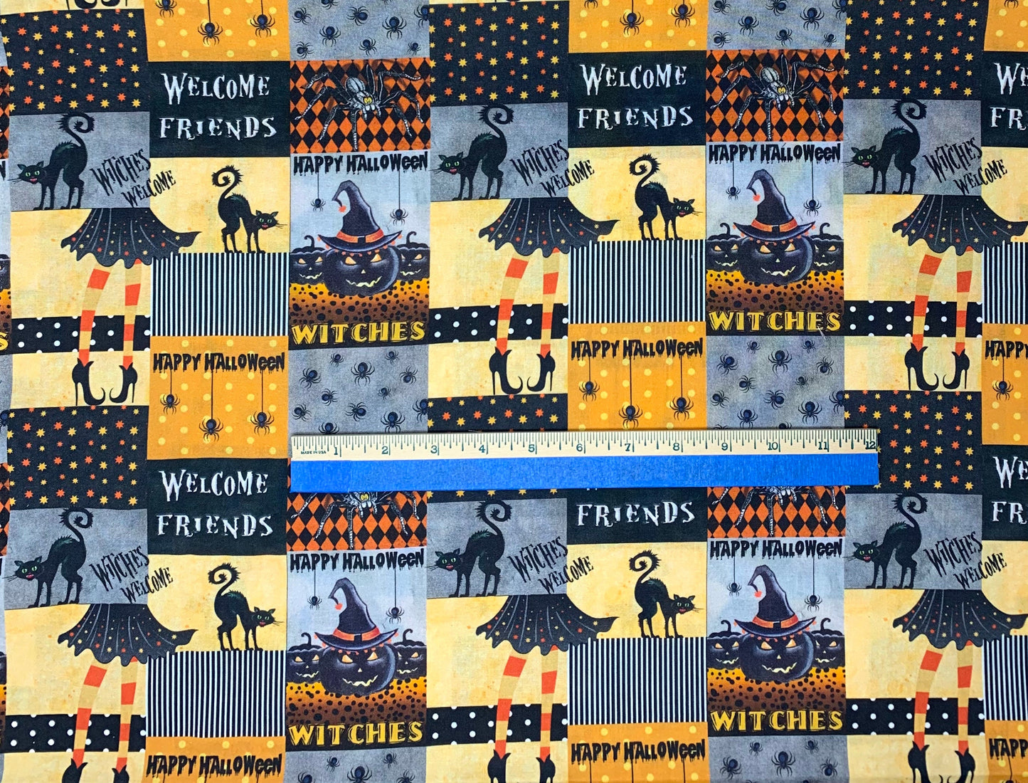 Halloween fabric yardage, Welcome Friends, cats, spiders, witches shoes, Happy Halloween, 766861100715