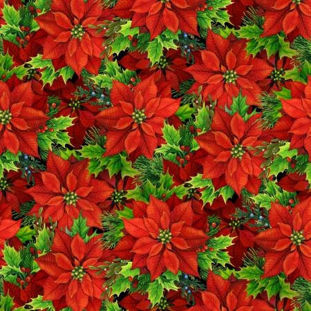 Christmas Poinsettia fabric, Floral Yardage, Leaves, Musical Christmas, Red, Green, Christmas yardage