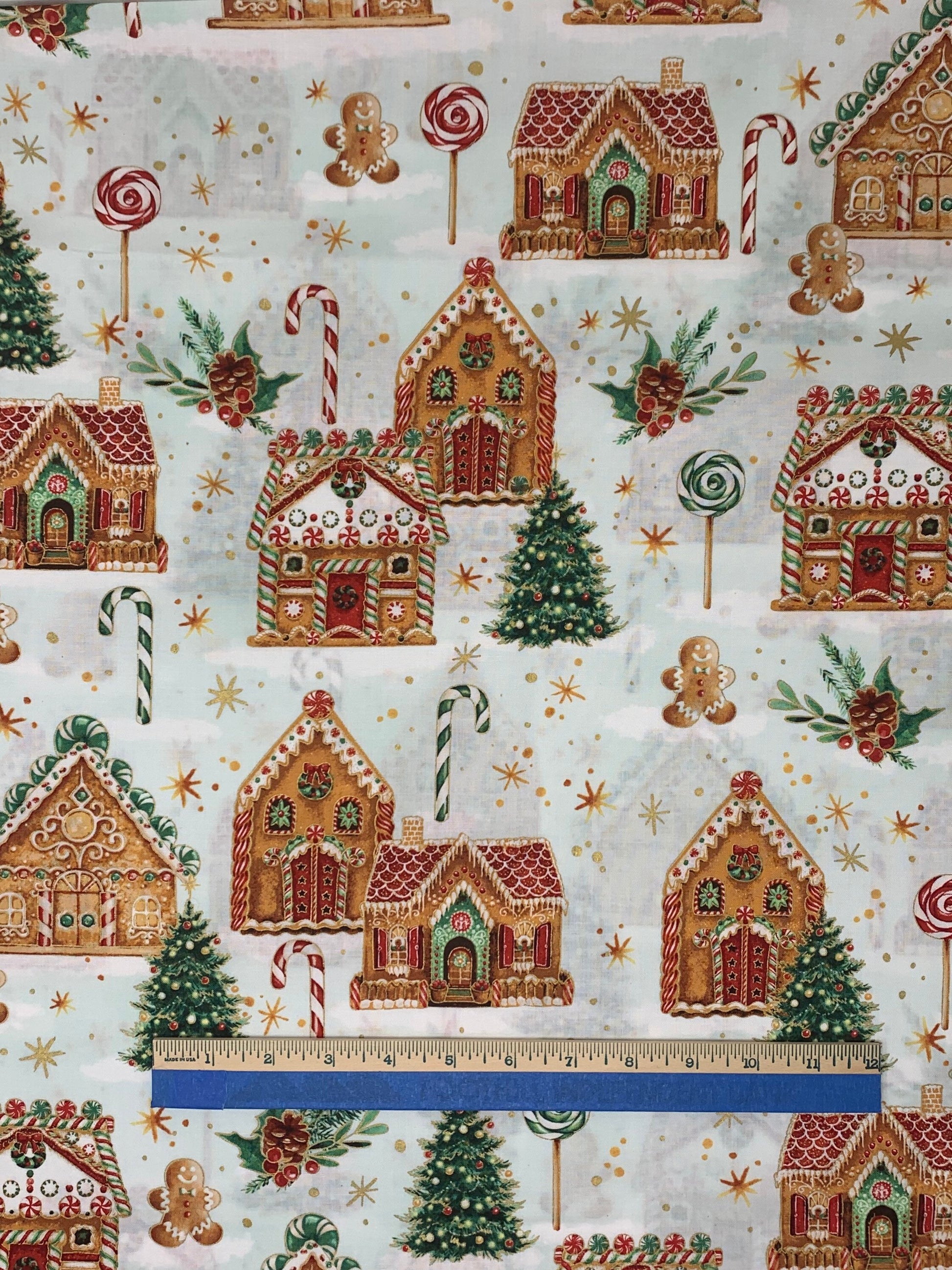 Christmas fabric, Gingerbread House Yardage, Trees, Holiday Sweets, Mint Green, Gold, Hoffman Fabric, Christmas yardage