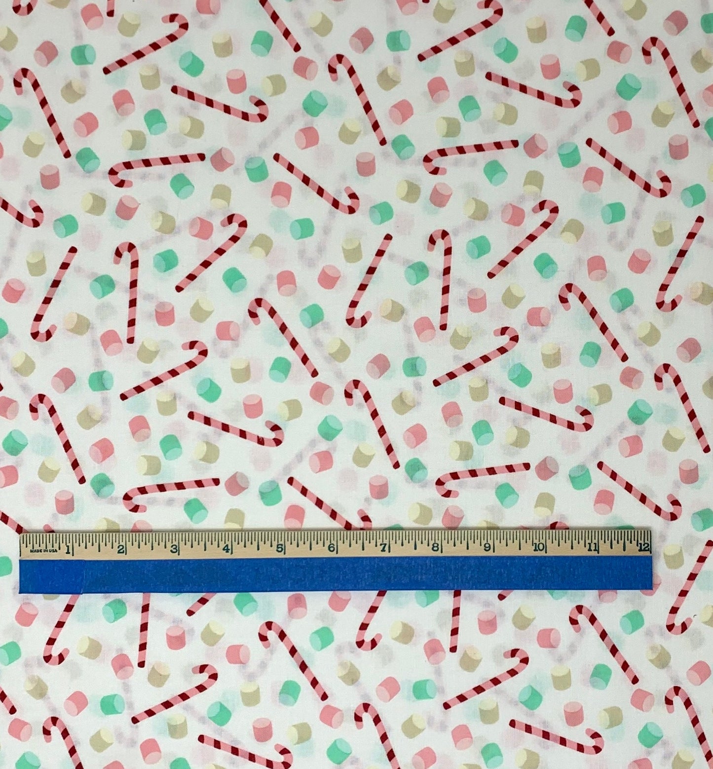 Christmas Fabric Panel, White Candy and Marshmallows, Snow and Hot Cocoa, Candy Canes, Red, Green, White,19541-WHT