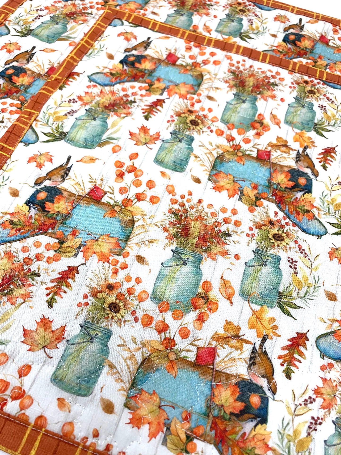 Fall Autumn Placemats, Bird on Mailbox, Plaid, Set of 2, Handmade