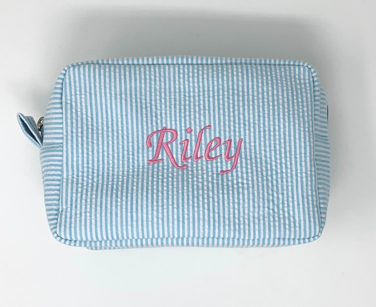 Aqua Light Blue Make Up Cosmetic Toiletry Bag, Pin Stripes, Seer Sucker Cotton, Personalized Gift, Embroidered Gift, Bridesmaid Gift