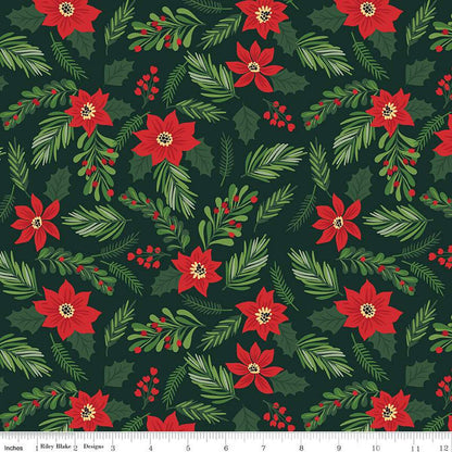 Christmas Floral Yardage, Green, Red, The Magic of Chirtmas, Riley Blake, Fabric Yardage