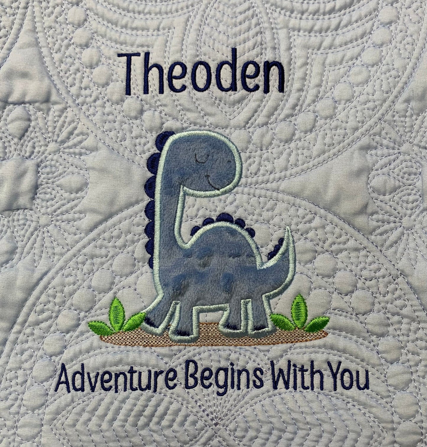 Blue Dinosaur Quilt, Personalized, Baby Dinosaur Blanket, Applique, Blue Quilt, Embroidered Name, Custom Baby Quilt
