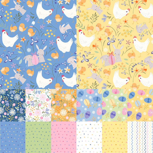Spring Easter precut, Blue, Yellow, Sweet Spring, P & B Textiles, 10 inch squares, Bunnies, Chickens, 42 Pieces Total, Layer Cake, Stacker