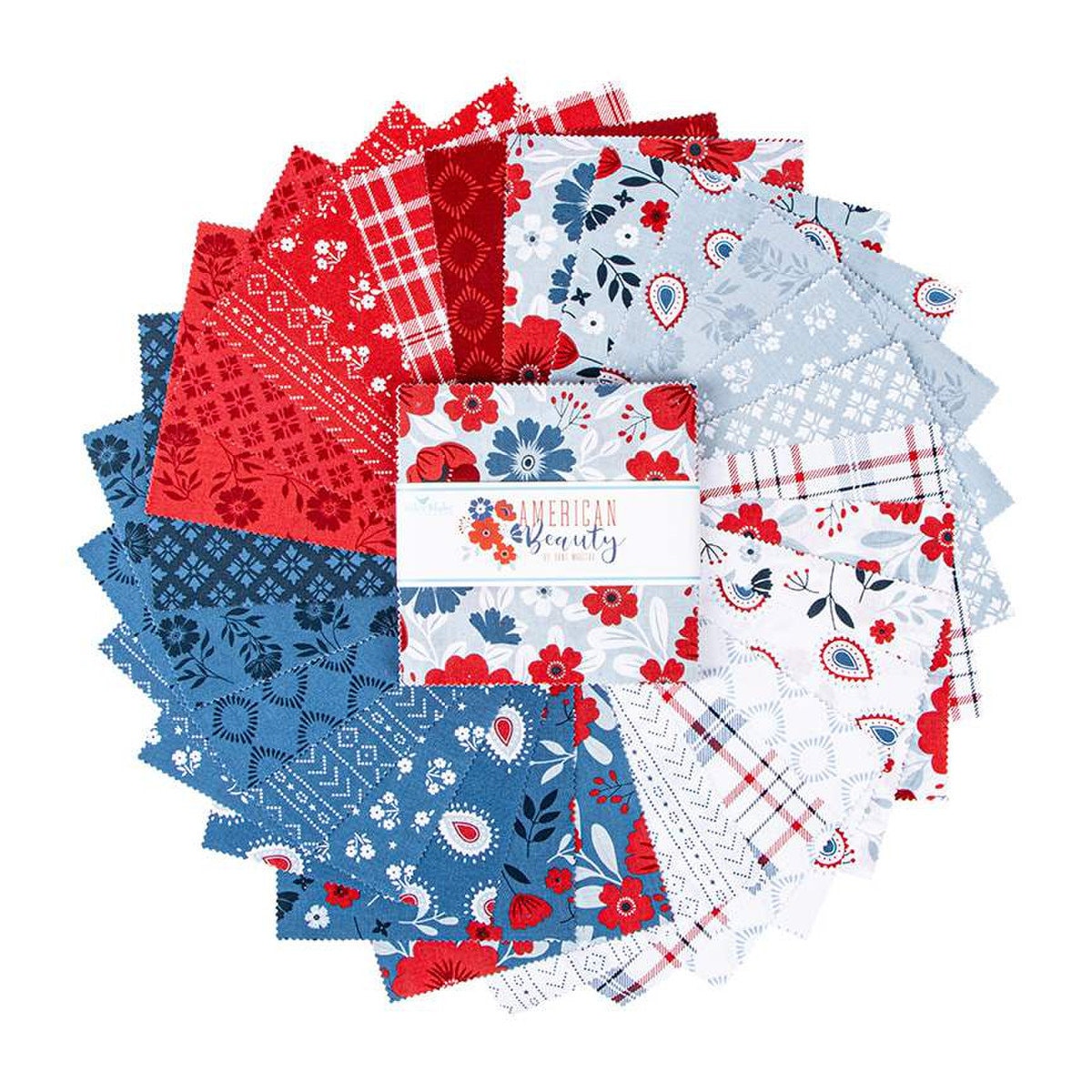 American Beauty Fabric Squares, Red, White, Blue, Leaves, 5 inch Stacker, Charm Pack, Riley Blake, 5 inches, 42 squares, 5-14440-42