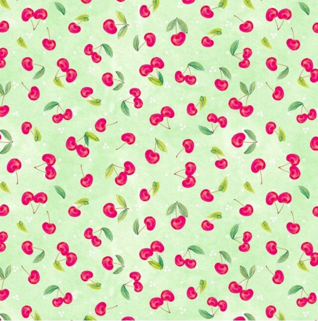 Red Cherries Yardage, Green, Squeeze the Day, Wilmington Prints