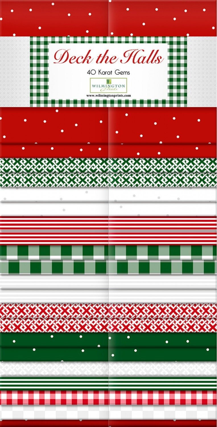 Christmas Fabric 2.5” Strips, Deck the Halls, green, red, cstripes, dots, squares, 40 Fabric Strips Total