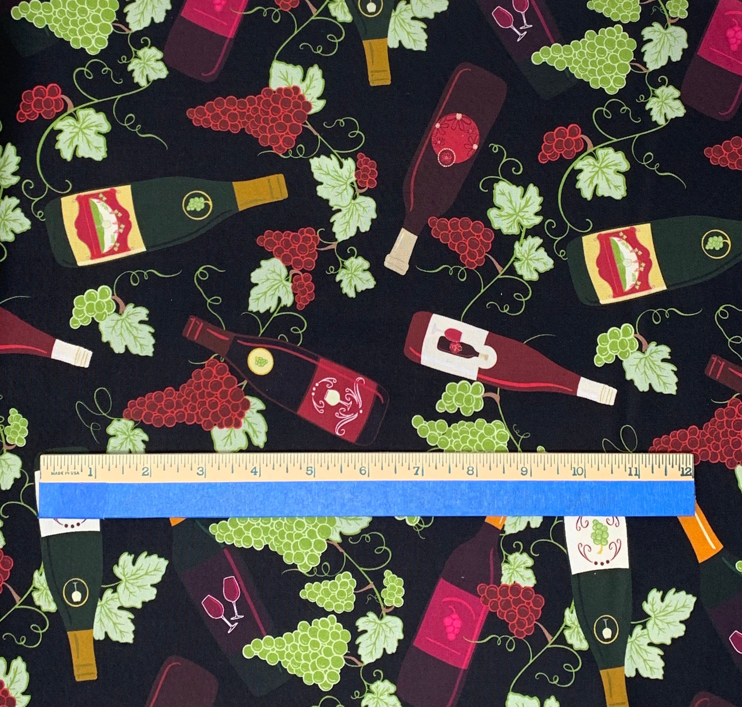 Wine Yardage, Uncork & Unwind, Benartex, Black, Wine, Green, Grapes, Leaves, Fabric Yardage