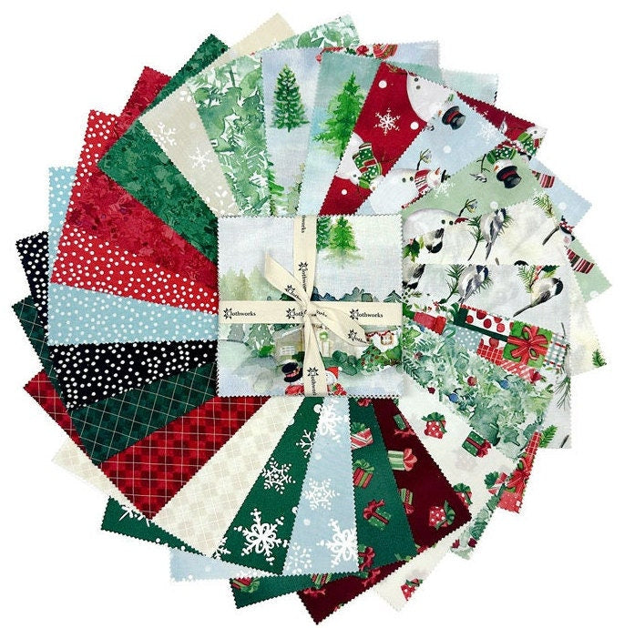 Christmas Fabric Squares Bundle, Charm Pack, Fabric Stacker, Snowman Christmas, Red, Green, Blue, Clothworks, 5 inch squares