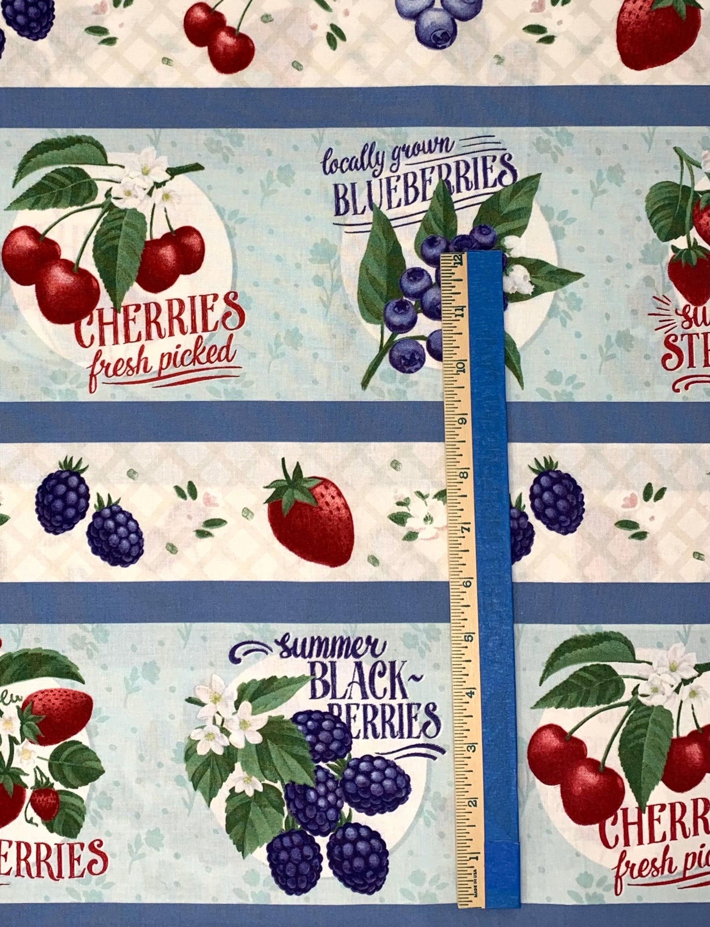 Berries Border Stripe Yardage, Fresh and Sweet, Strawberries, Blueberries, Blackberries, Cherries, Wilmington Prints