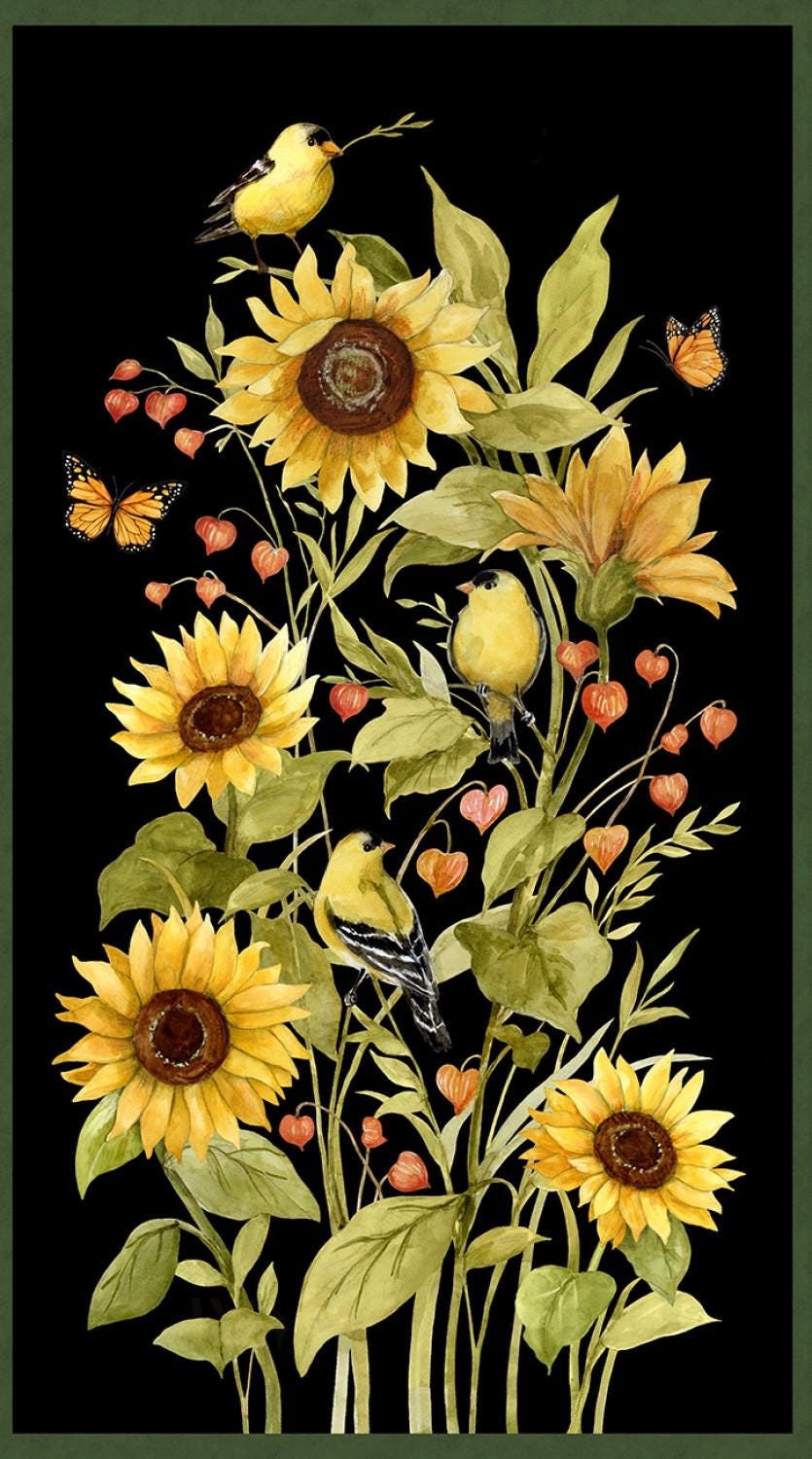 Fall fabric panel featuring yellow sunflowers, birds and butterflies on a black background.