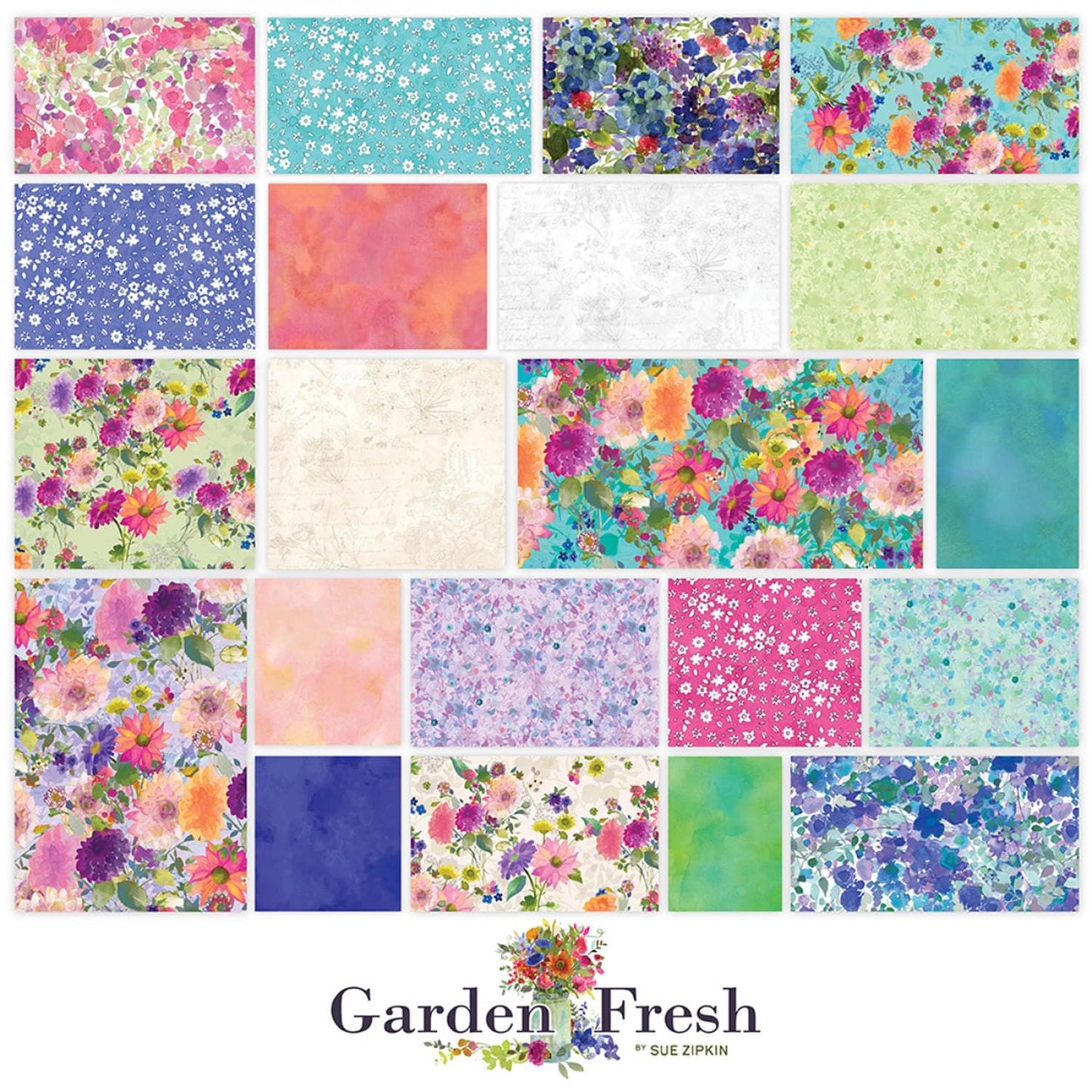 Floral Fabric Squares, 5 inch Stacker, Garden Fresh, Charm Pack, Clothworks, Sue Zipkin