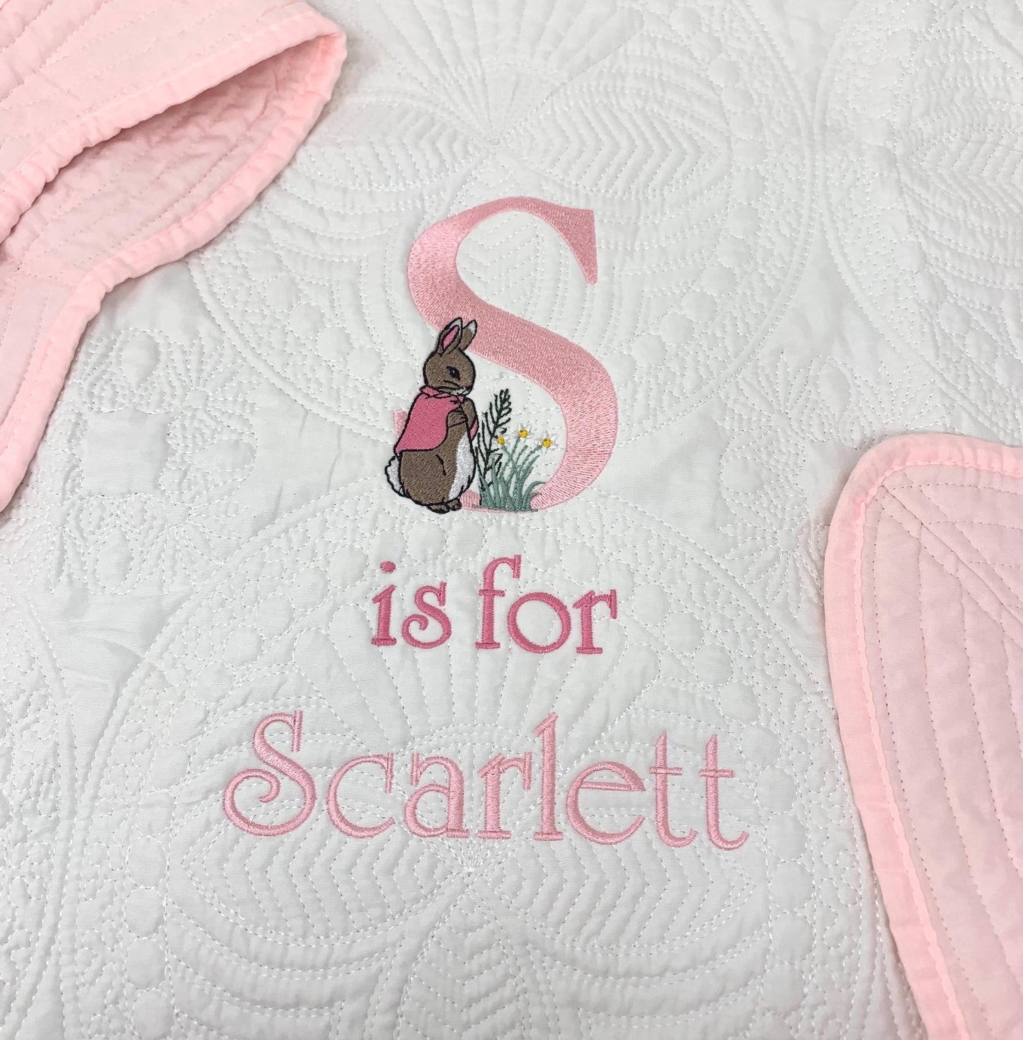 Bunny Baby Girl Quilt, Personalized, Baby Blanket, Pink Quilt, New Baby Gift, Embroidered Name, Custom Baby Quilt, Baby's Name