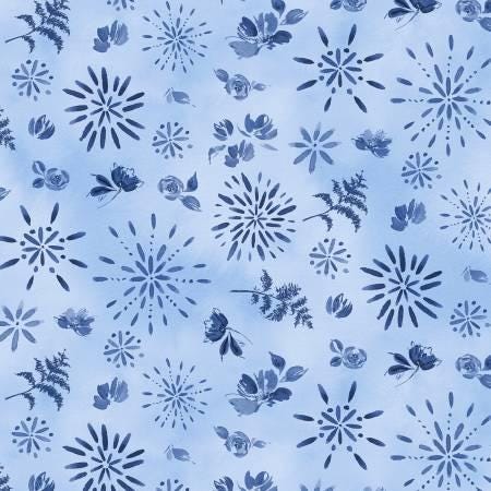 Blue Floral Fabric Yardage, Dreaming in Blue, Light Blue Large All Over, Wilmington Prints