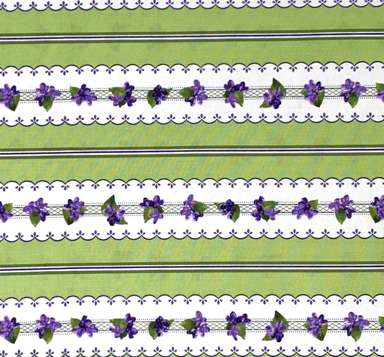 Border Stripe Green White Purple Floral Yardage, Elizabeth, Robert Kaufman, Cotton Fabric Yardage