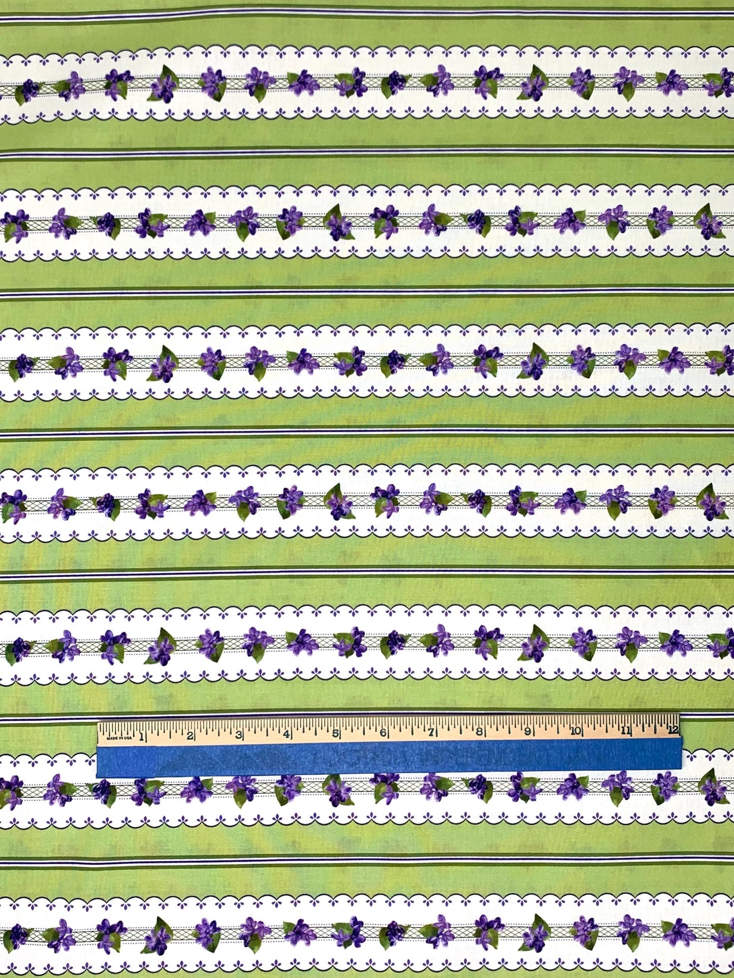 Border Stripe Green White Purple Floral Yardage, Elizabeth, Robert Kaufman, Cotton Fabric Yardage