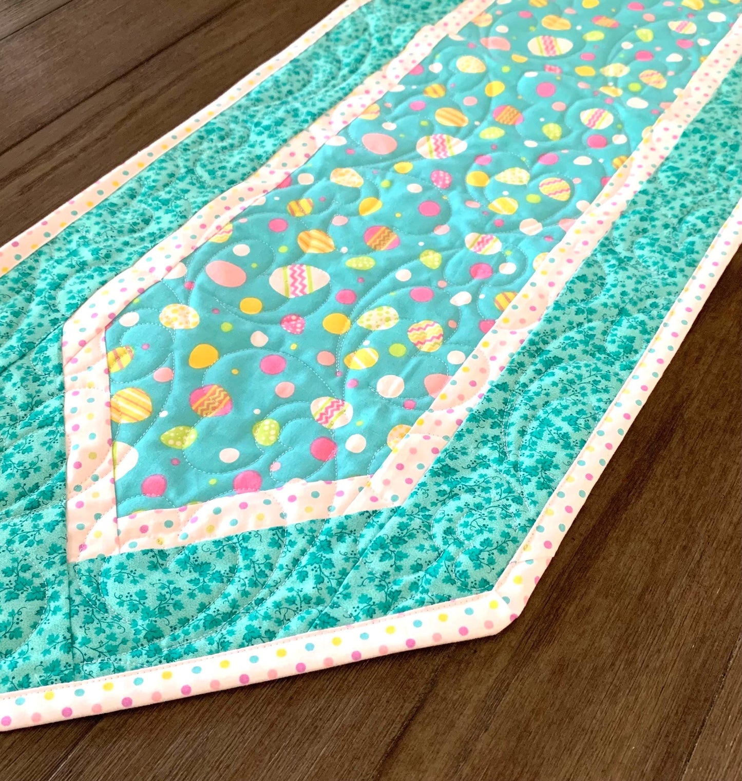 Easter Eggs Table Runner Quilt, Spring Quilt, Teal Blue, Yellow, Green, Handmade Quilt