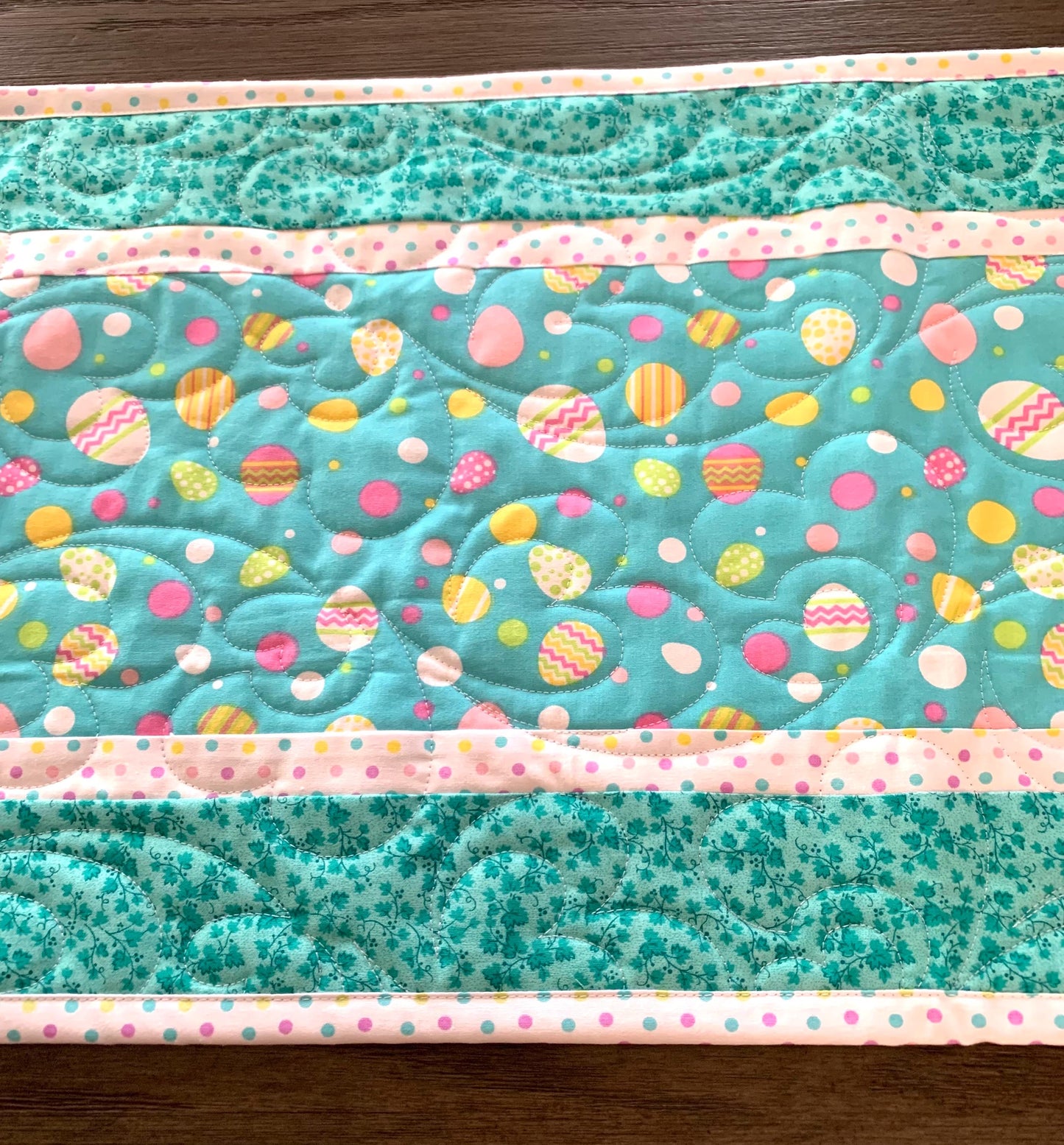 Easter Eggs Table Runner Quilt, Spring Quilt, Teal Blue, Yellow, Green, Handmade Quilt