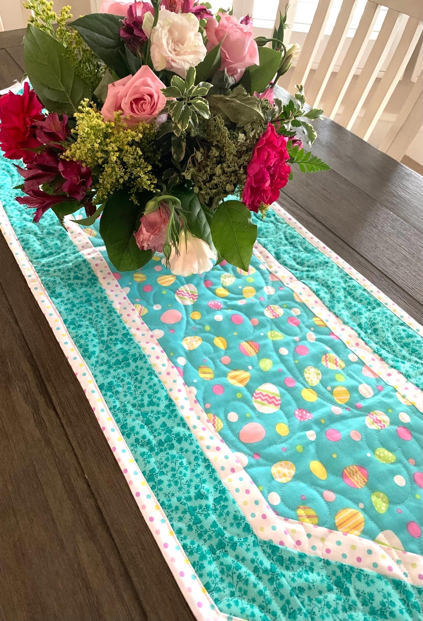 Easter Eggs Table Runner Quilt, Spring Quilt, Teal Blue, Yellow, Green, Handmade Quilt