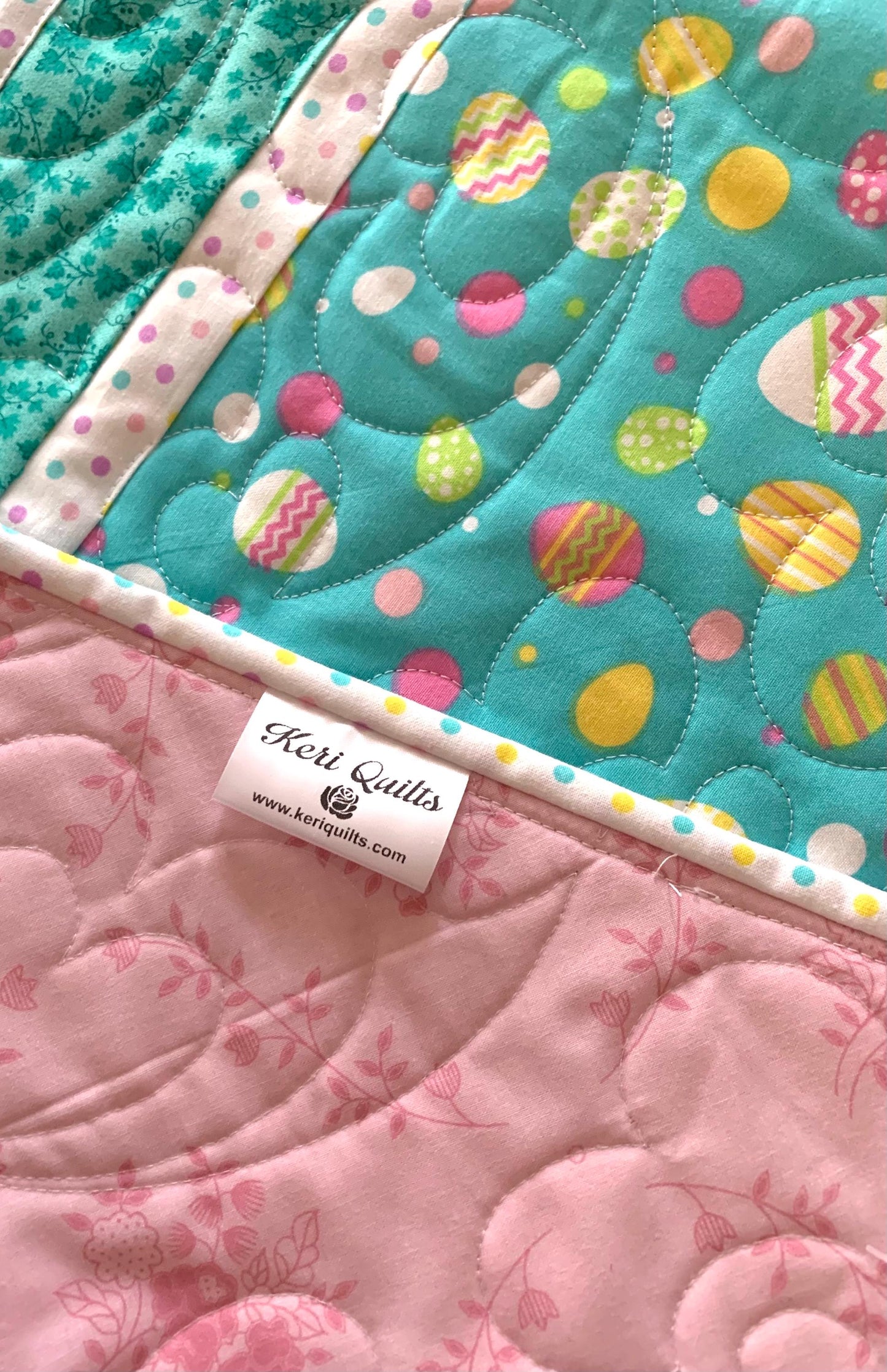 Easter Eggs Table Runner Quilt, Spring Quilt, Teal Blue, Yellow, Green, Handmade Quilt