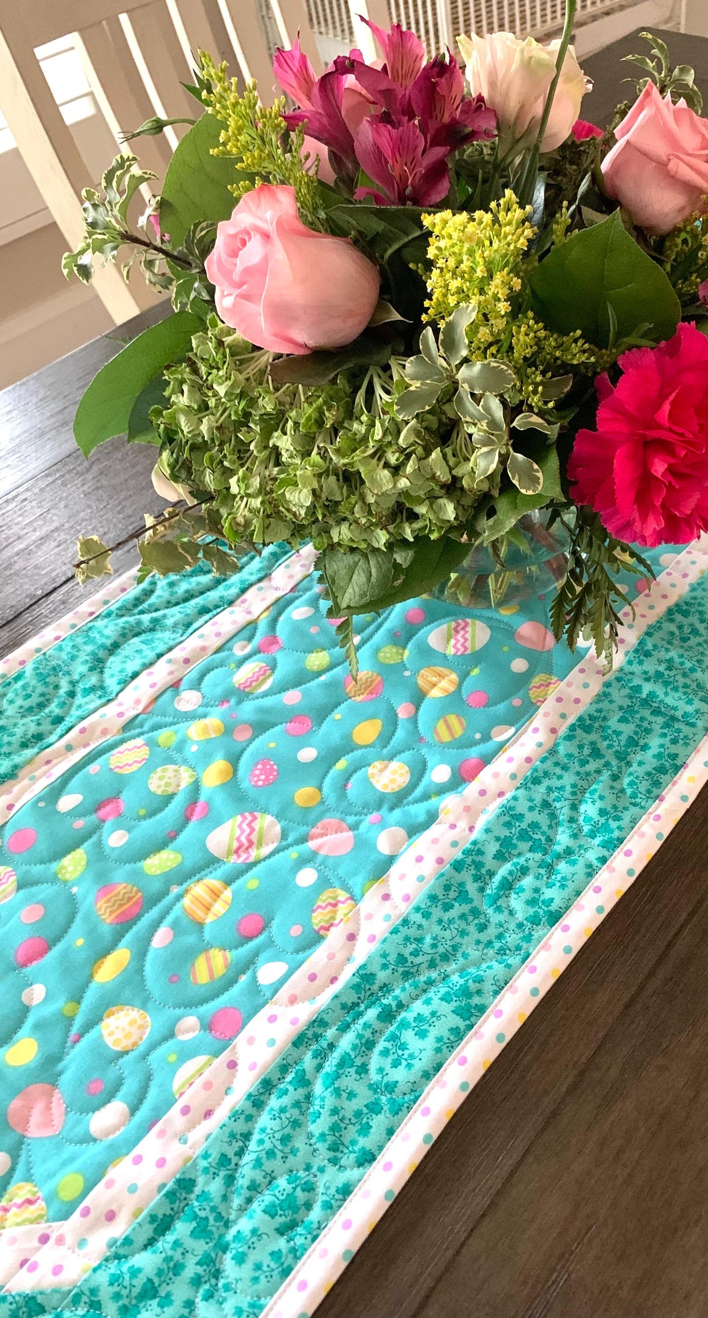 Easter Eggs Table Runner Quilt, Spring Quilt, Teal Blue, Yellow, Green, Handmade Quilt