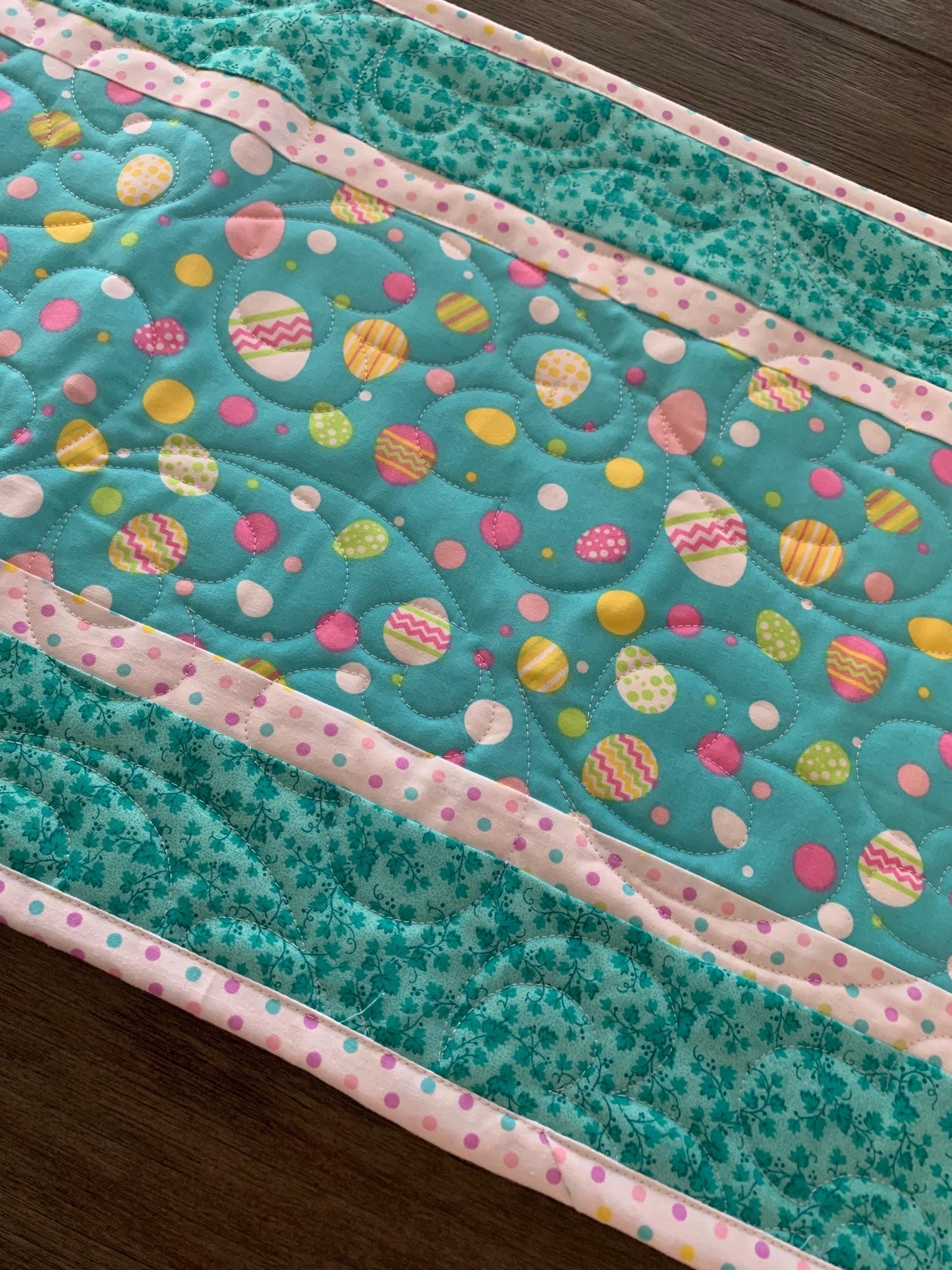 Easter Eggs Table Runner Quilt, Spring Quilt, Teal Blue, Yellow, Green, Handmade Quilt