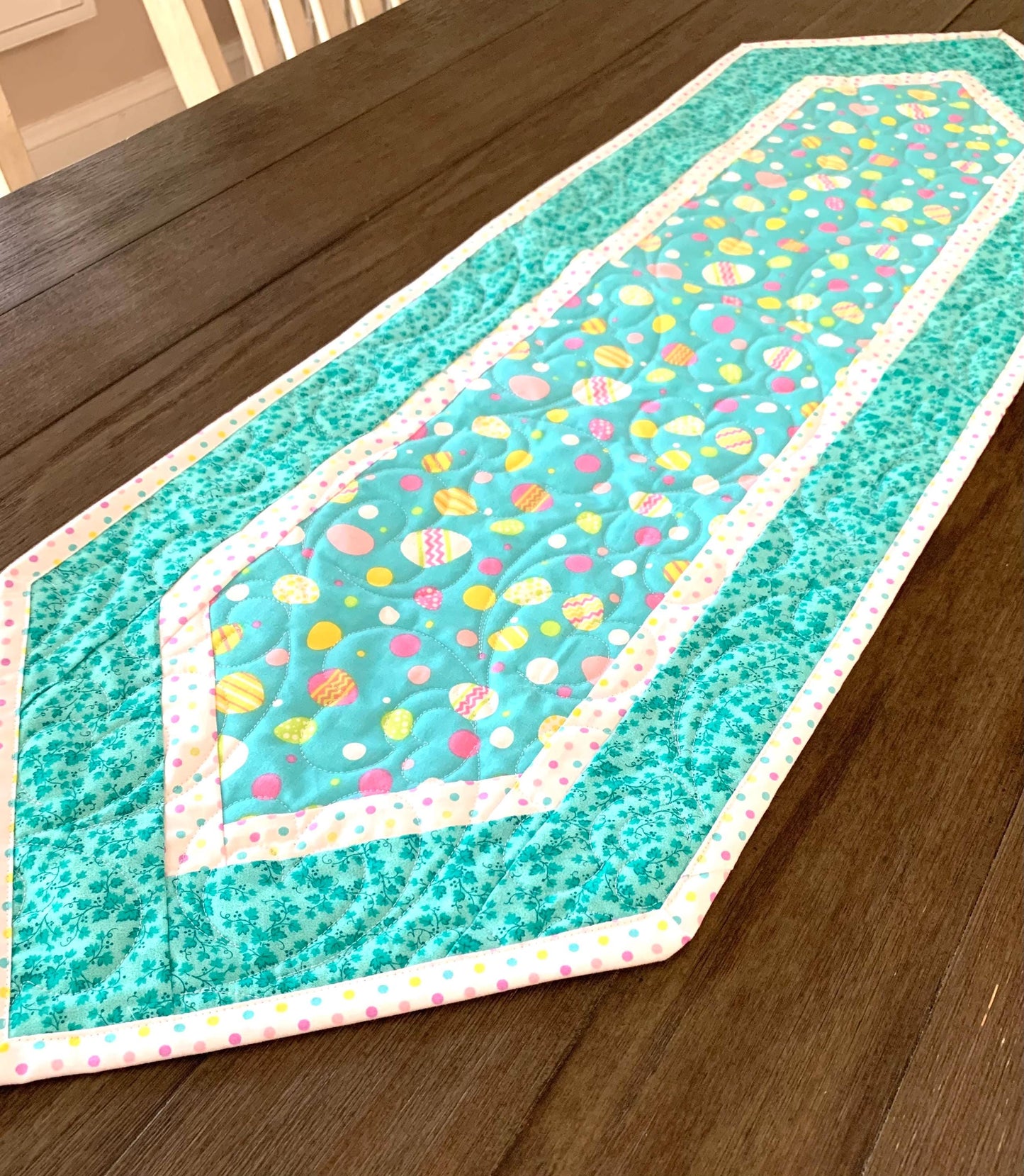 Easter Eggs Table Runner Quilt, Spring Quilt, Teal Blue, Yellow, Green, Handmade Quilt
