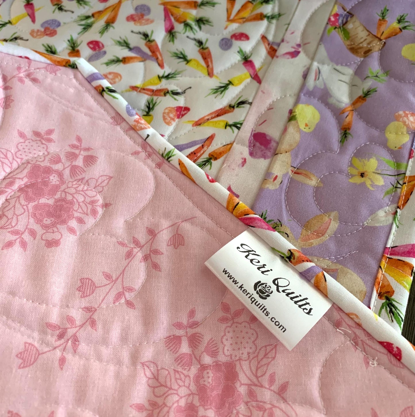 Easter Table Runner Quilt, Spring Quilt, Carrots, Bunnies, Purple, Yellow, Green, Handmade Quilt