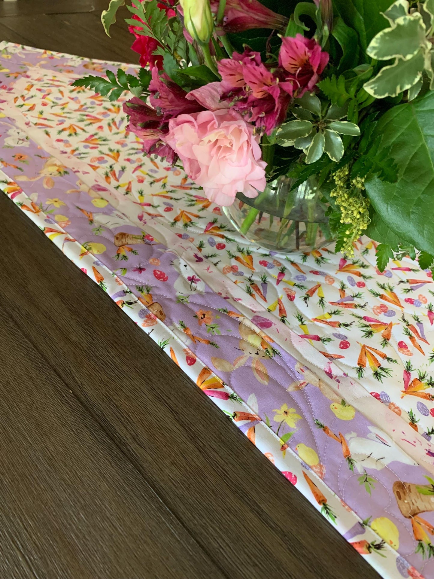 Easter Table Runner Quilt, Spring Quilt, Carrots, Bunnies, Purple, Yellow, Green, Handmade Quilt