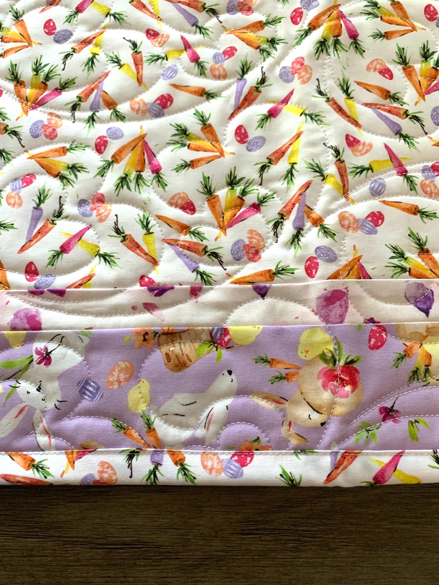 Easter Table Runner Quilt, Spring Quilt, Carrots, Bunnies, Purple, Yellow, Green, Handmade Quilt