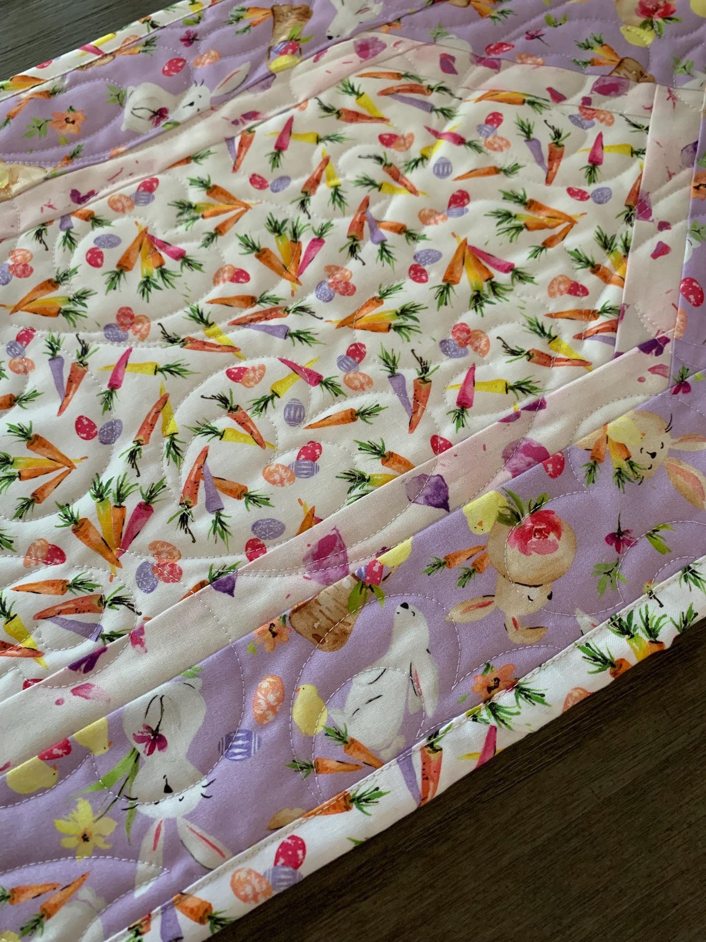 Easter Table Runner Quilt, Spring Quilt, Carrots, Bunnies, Purple, Yellow, Green, Handmade Quilt